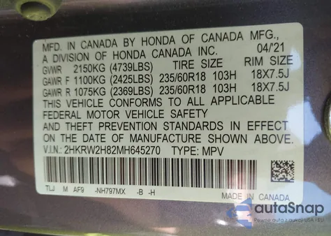 2021 Honda Cr-V Awd Ex-L из США, поврежденный, VIN 2HKRW2H82MH645270
